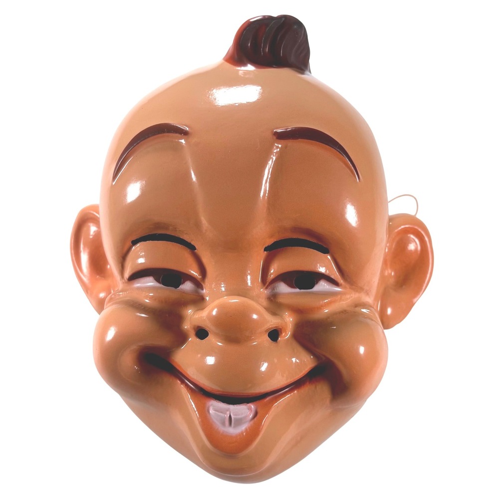 Vintage NOS Plastic Baby Mask Brown Hair Smiling Face Mauritius Halloween